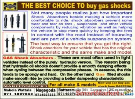 A --  All car struts & shocks for less than 60% from Mareena Shock absorbers WHY PAY MORE FOR YOUR CAR, VAN, JEEP AND TO OTHER VEHICLE GAS  SHOCK ABSORBERS VEHICLE SUSPENSION