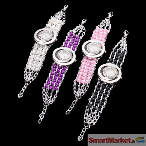 4 Colors Personality Fashion Beads Band Rhinestone Women’s Bracelet Watches