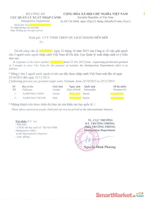 Offer Visa Approval Letter To Vietnam only 12USD