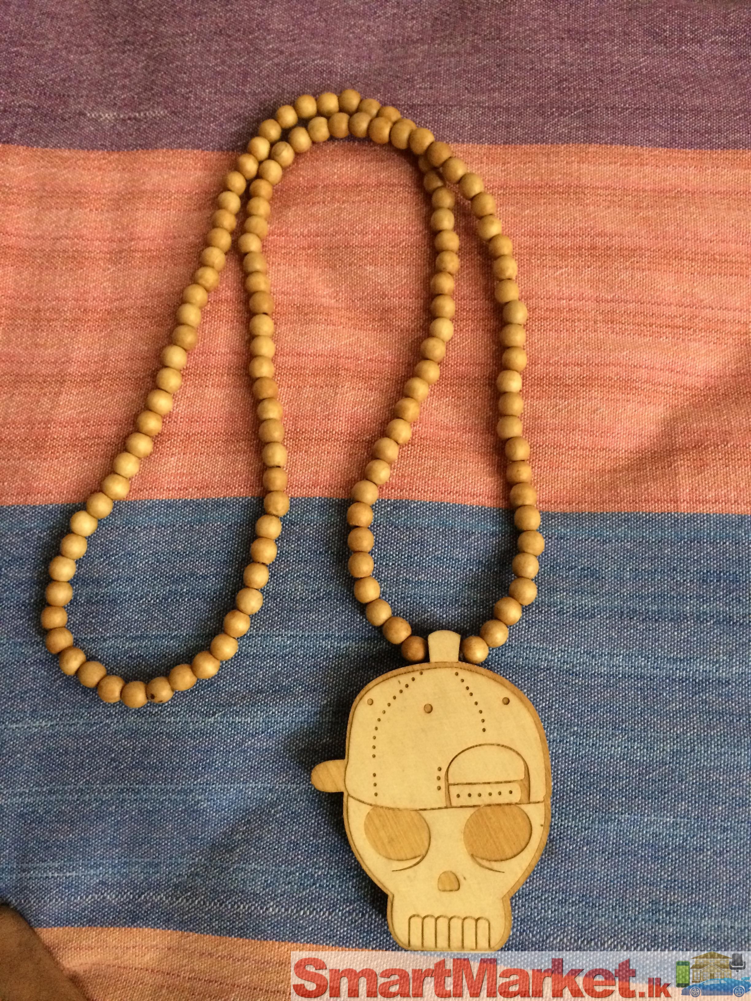 Wood Bead Hip Hop Skull Necklace